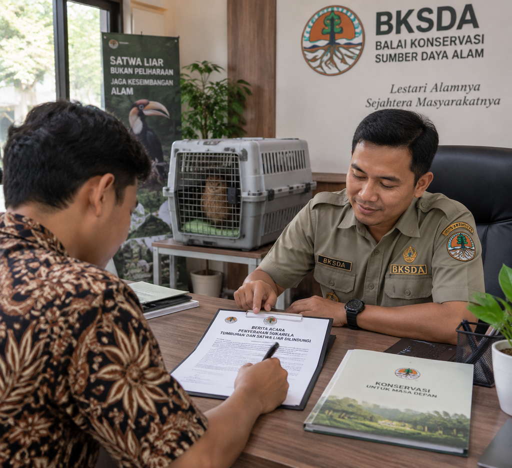 Waspada, Pelihara Satwa Liar Dilindungi Bisa Kena Pidana 5 Tahun: Ini Aturan Terbarunya 7 Warga menandatangani berita acara penyerahan sukarela satwa dilindungi kepada petugas kantor BKSDA.