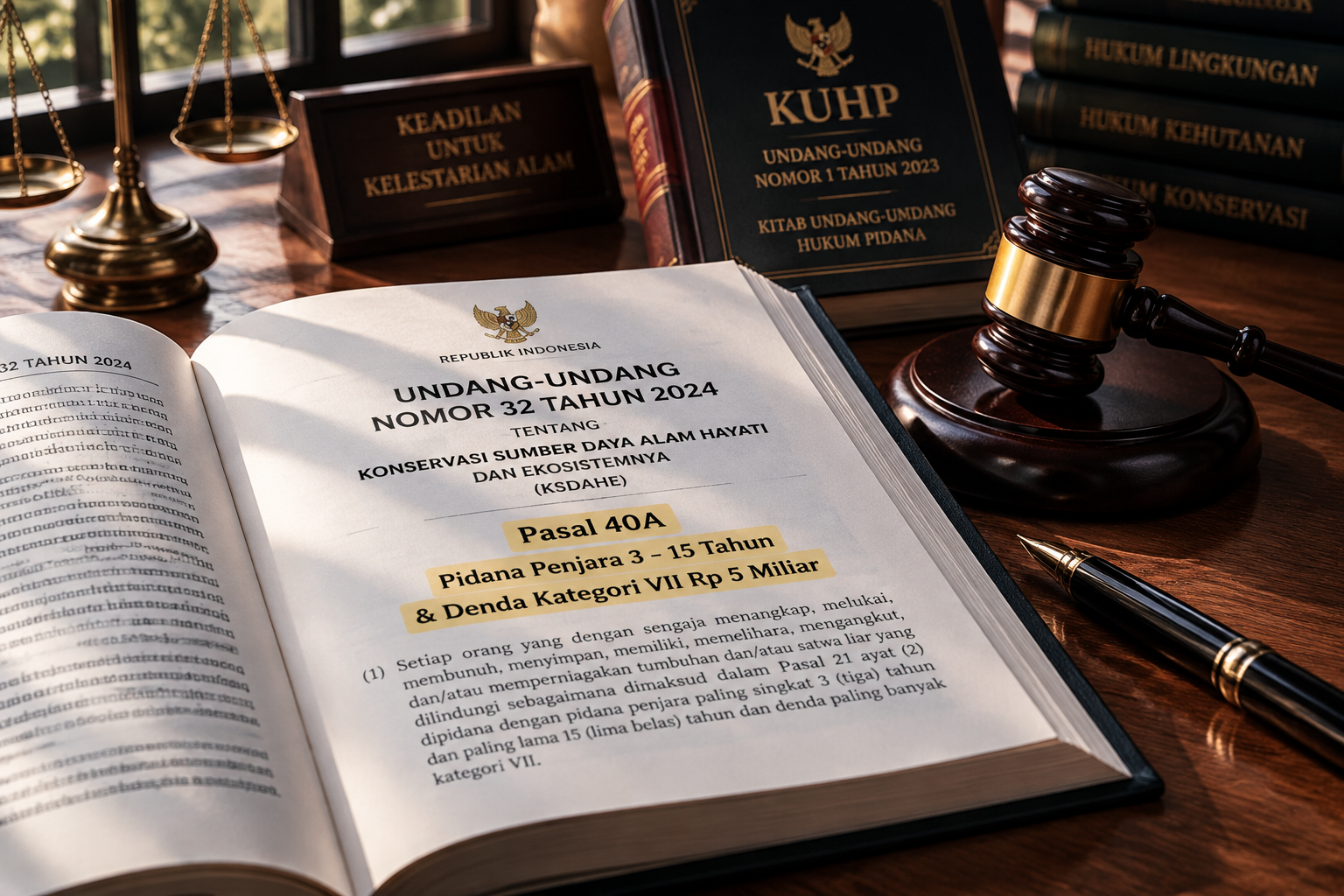 Waspada, Pelihara Satwa Liar Dilindungi Bisa Kena Pidana 5 Tahun: Ini Aturan Terbarunya 3 Naskah UU Nomor 32 Tahun 2024 Pasal 40A dan palu sidang pengadilan menegaskan sanksi penjara 15 tahun dan denda Rp5 miliar.