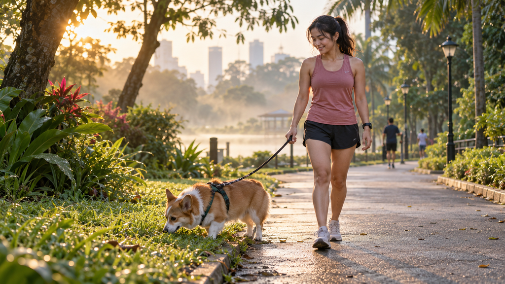 Wajib Tahu Kebutuhan Dasar Hewan Peliharaan di Hari Hewan Sedunia 2026 3 Pemilik mengajak anjing peliharaan berjalan santai dengan tali kekang yang aman di taman kota saat peringatan Hari Hewan Sedunia.