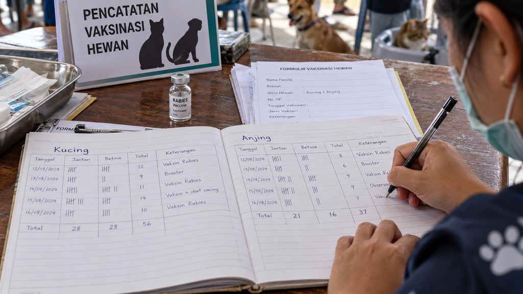 Syarat Vaksin Rabies Gratis Anabul di Jaksel, Usia Minimal 4 Bulan 5 Petugas kesehatan hewan sedang mencatat jumlah dan rincian data hewan yang telah menerima vaksin ke dalam buku registrasi besar.