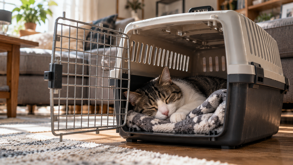 Syarat Vaksin Rabies Gratis Anabul di Jaksel, Usia Minimal 4 Bulan 7 Seekor kucing beristirahat dan tidur lelap di dalam kandangnya (pet carrier) di rumah, menunjukkan efek samping normal setelah menerima vaksinasi.