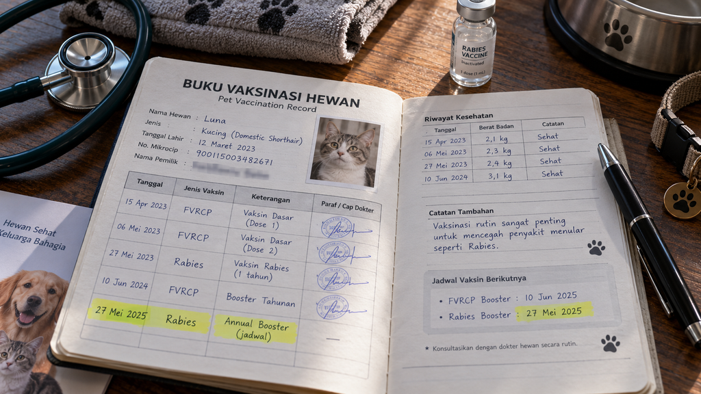 Syarat Vaksin Rabies Gratis Anabul di Jaksel, Usia Minimal 4 Bulan 8 Tampilan buku rekam medis vaksinasi hewan peliharaan (buku vaksin) yang mencantumkan tanggal pemberian dosis pertama dan jadwal booster tahunan.