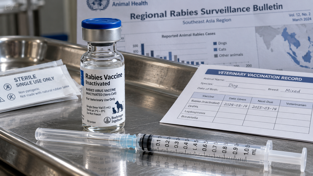 Wajib Tahu Kebutuhan Dasar Hewan Peliharaan di Hari Hewan Sedunia 2026 6 Botol kaca kecil vial vaksin rabies steril berlabel resmi bersanding dengan jarum suntik sekali pakai di atas nampan medis.