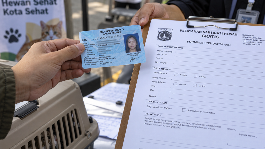 Syarat Vaksin Rabies Gratis Anabul di Jaksel, Usia Minimal 4 Bulan 3 Tampilan jarak dekat (close-up) tangan pemilik anabul yang sedang menyerahkan KTP DKI Jakarta kepada petugas pendaftaran vaksinasi.