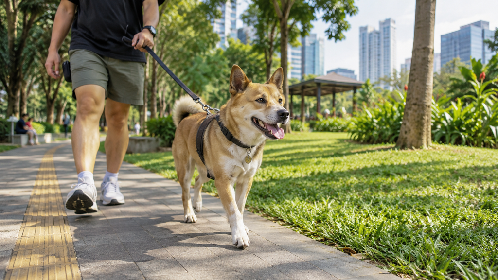 Syarat Vaksin Rabies Gratis Anabul di Jaksel, Usia Minimal 4 Bulan 4 Seekor anjing peliharaan sedang diajak berjalan-jalan oleh pemiliknya di taman kota, merepresentasikan pentingnya vaksinasi untuk mencegah penularan di ruang publik.